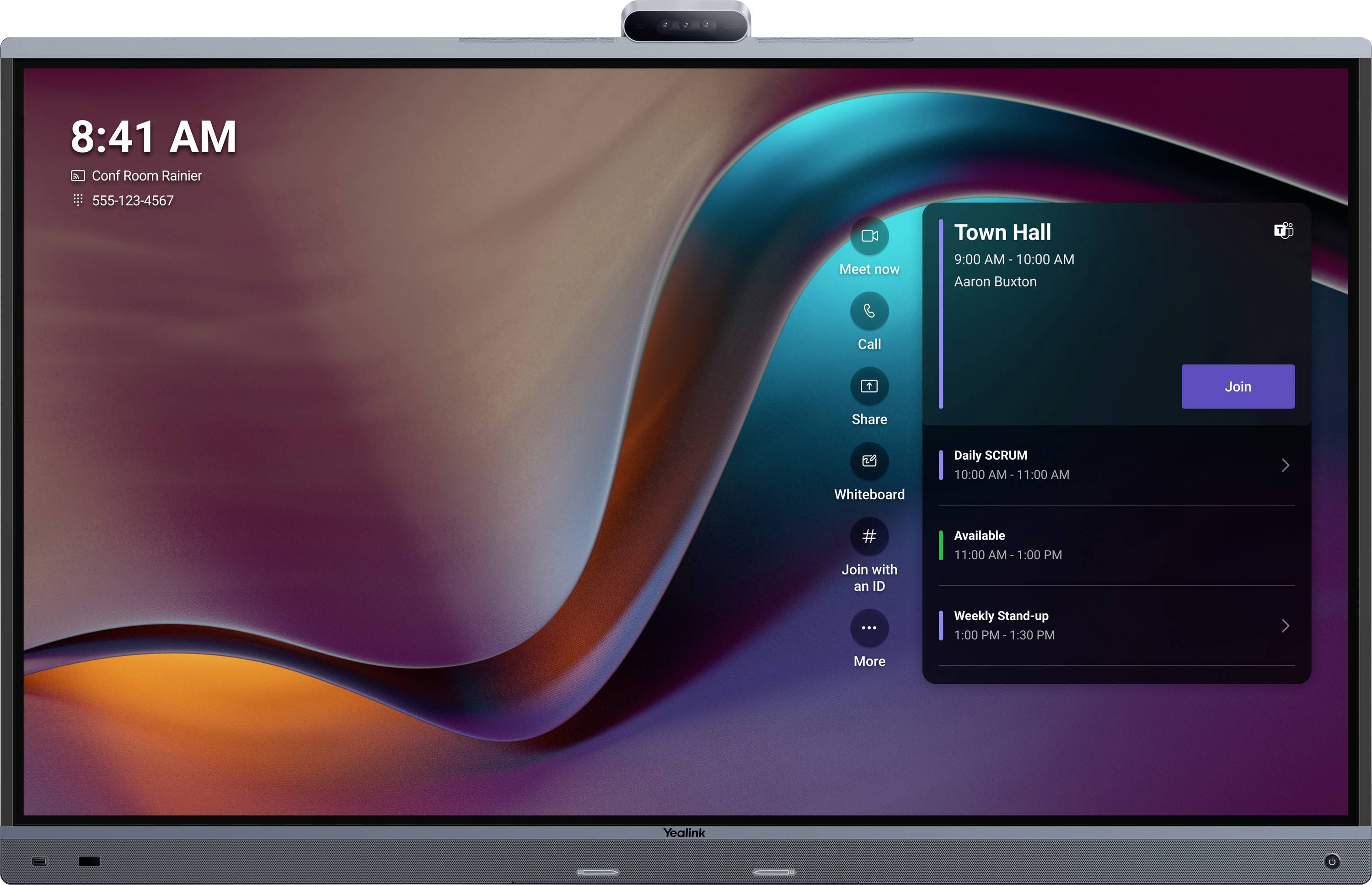 Die digitale Besprechungsschnittstelle auf einem Display zeigt ein „Town Hall