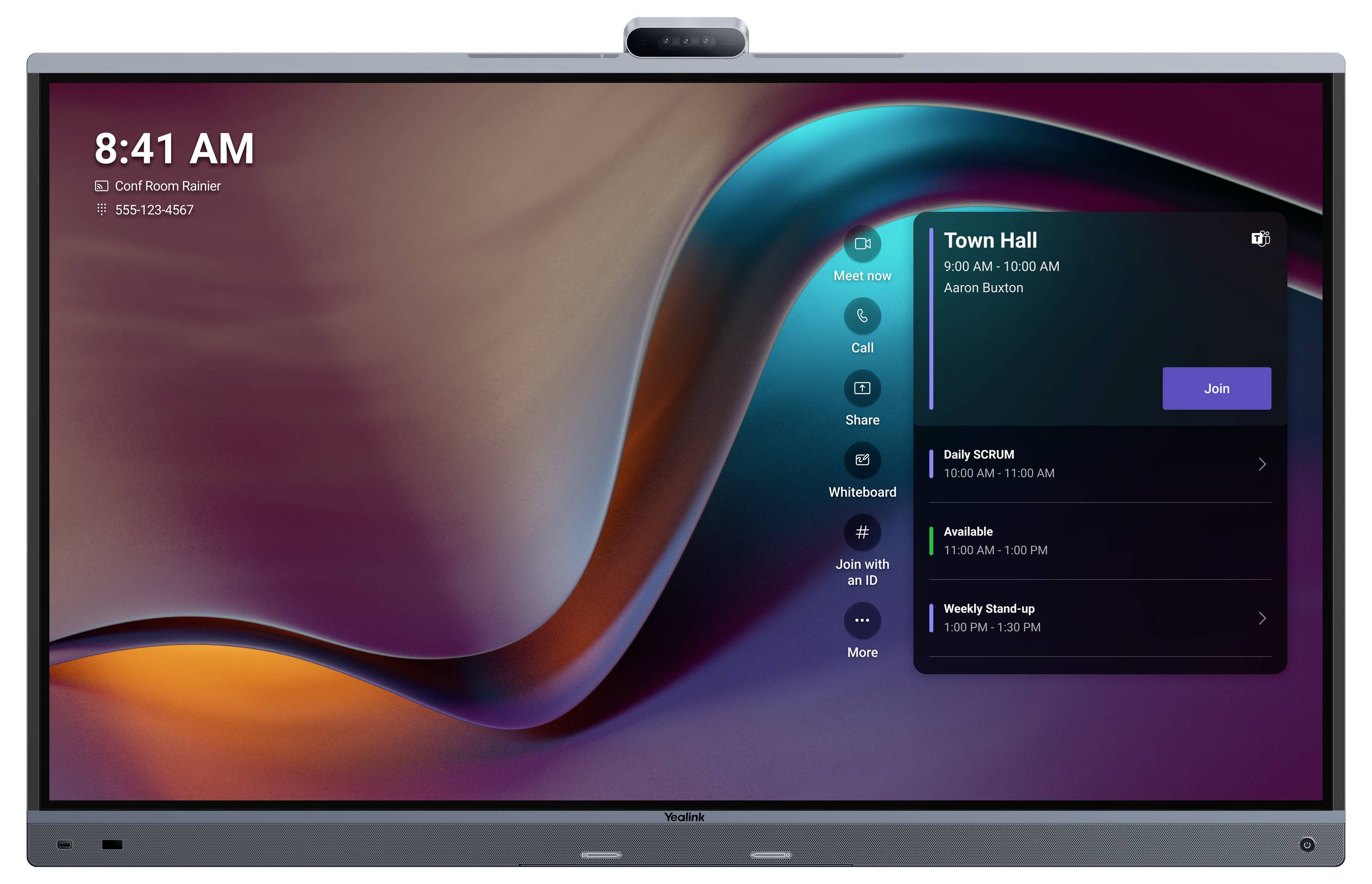 Ein großes digitales Display zeigt eine virtuelle Besprechungsschnittstelle mit einem geplanten 