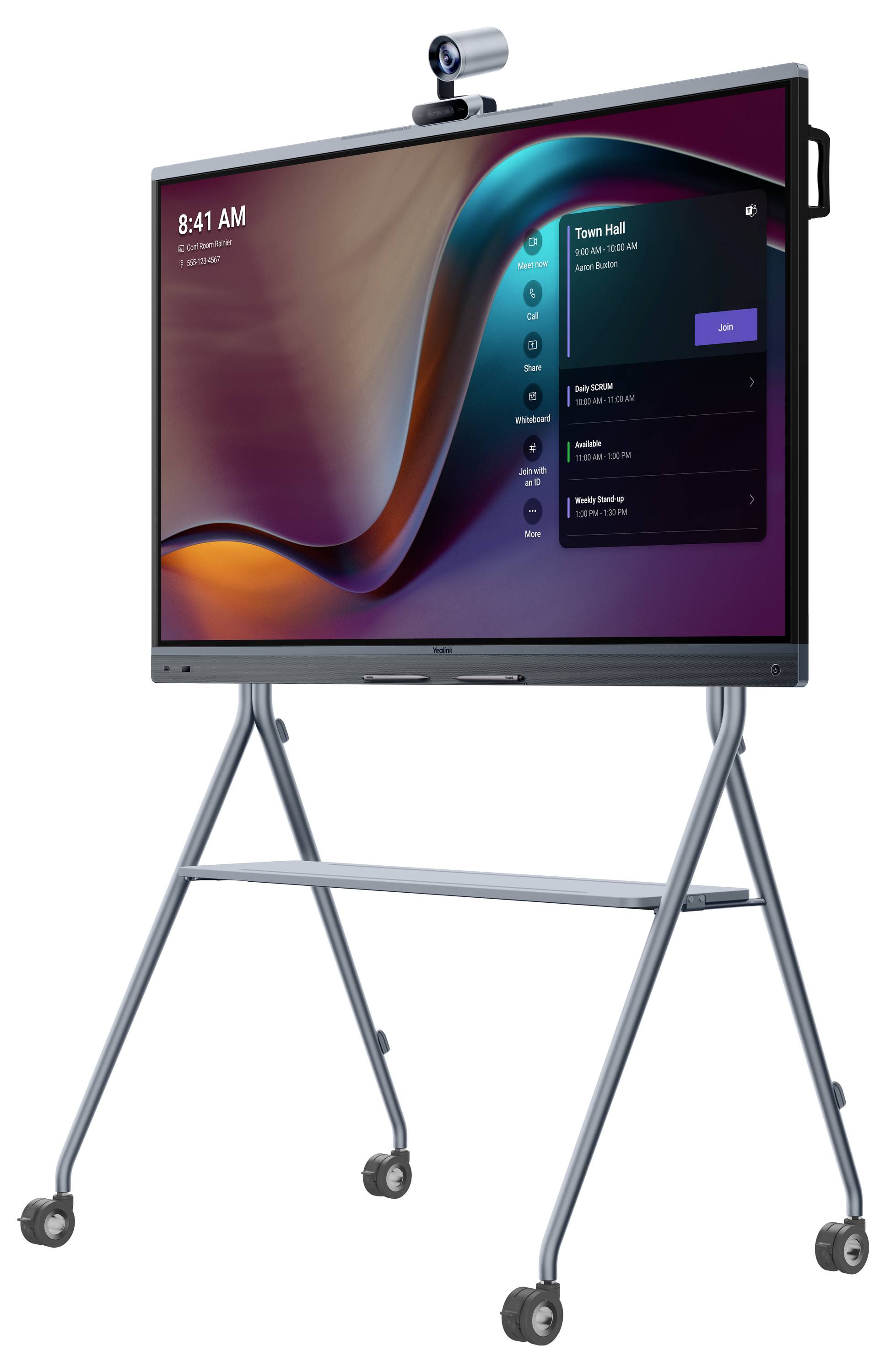 Ein intelligentes Display auf einem Ständer mit Rädern, das einen violetten und orangefarbenen welligen Hintergrund zeigt. Es zeigt einen Kalendereintrag „Town Hall