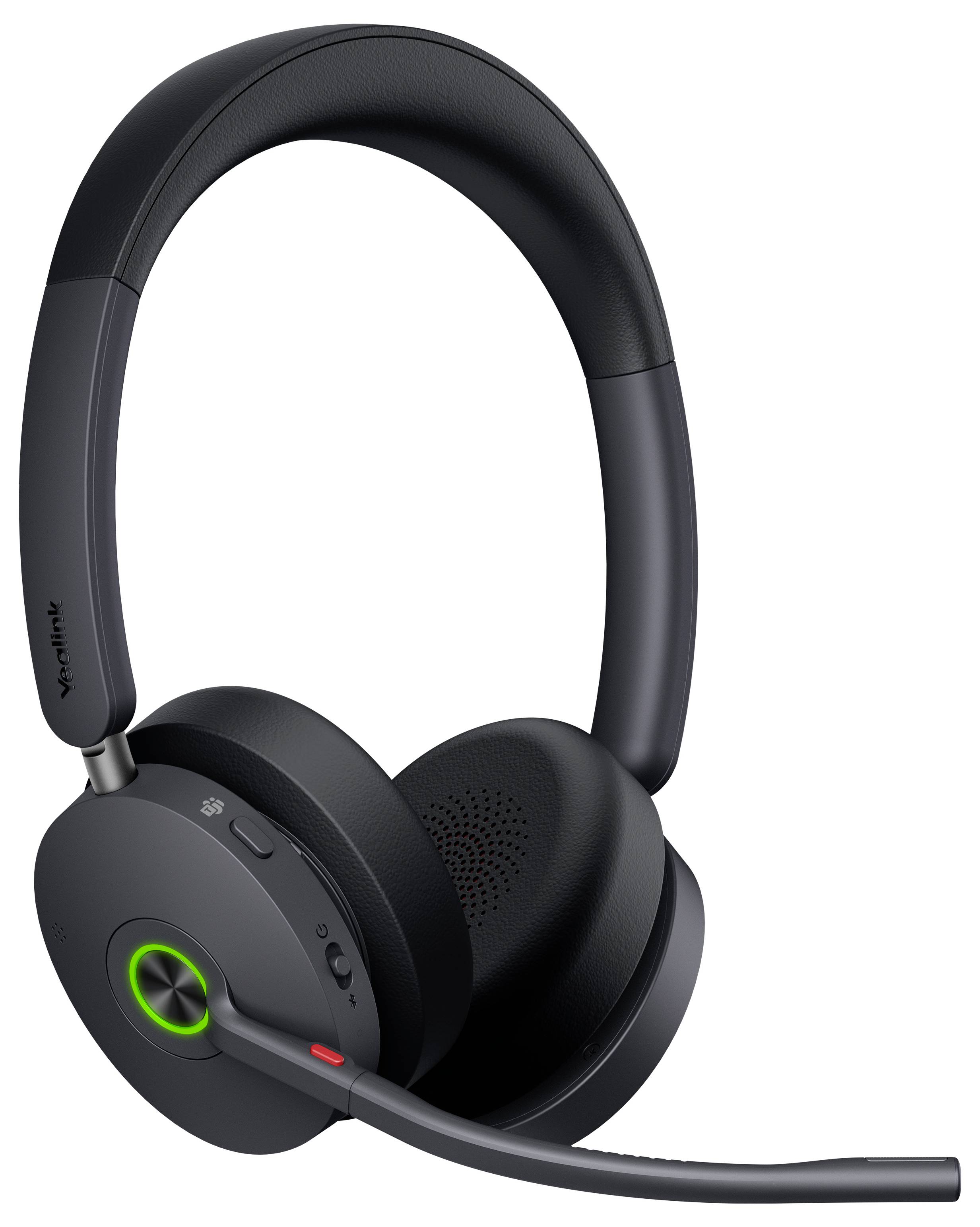 Ein schwarzes kabelloses Headset mit Kopfbügel, gepolsterten Ohrmuscheln und einem angebrachten Mikrofon, mit einer grünen Kontrollleuchte.