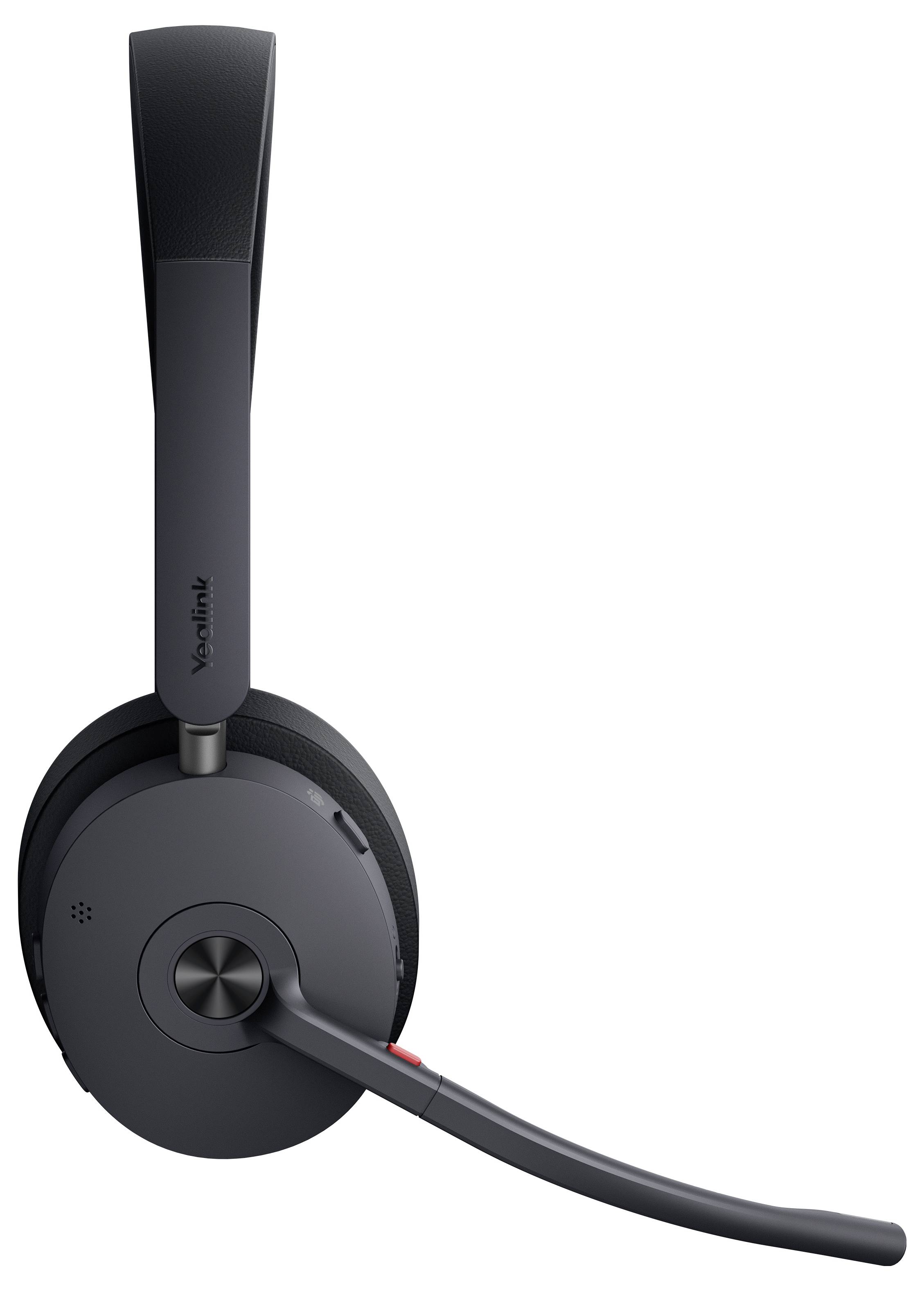 Kabelloses schwarzes Headset mit Mikrofonausleger, das ein elegantes Design und gepolsterte Over-Ear-Ohrmuscheln für komfortables Hören bietet.