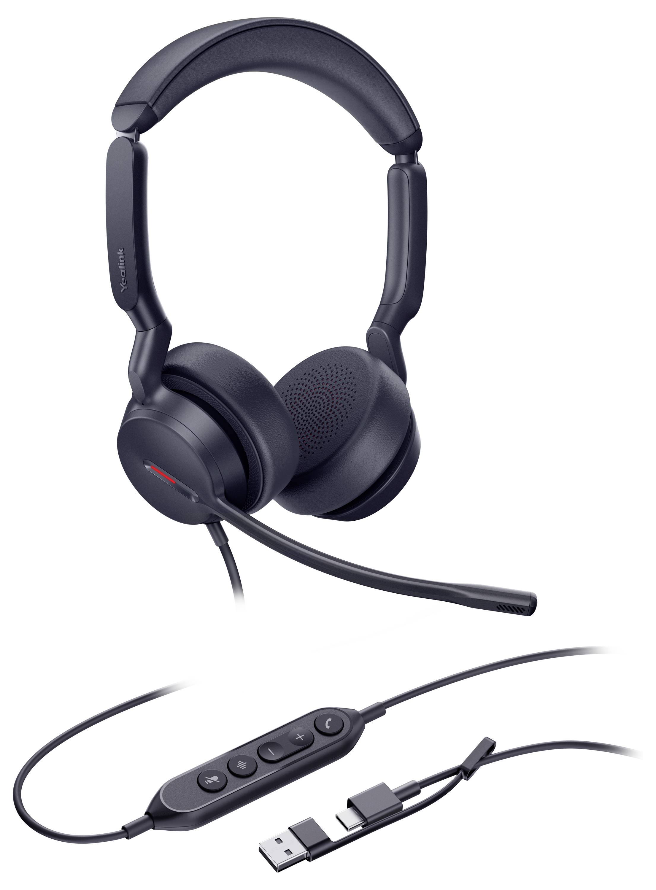 Schwarzes Over-Ear-Kopfhörer mit integriertem Mikrofon, USB- und Audioklinken-Kabel sowie Inline-Steuerung für Lautstärke und Anrufe.