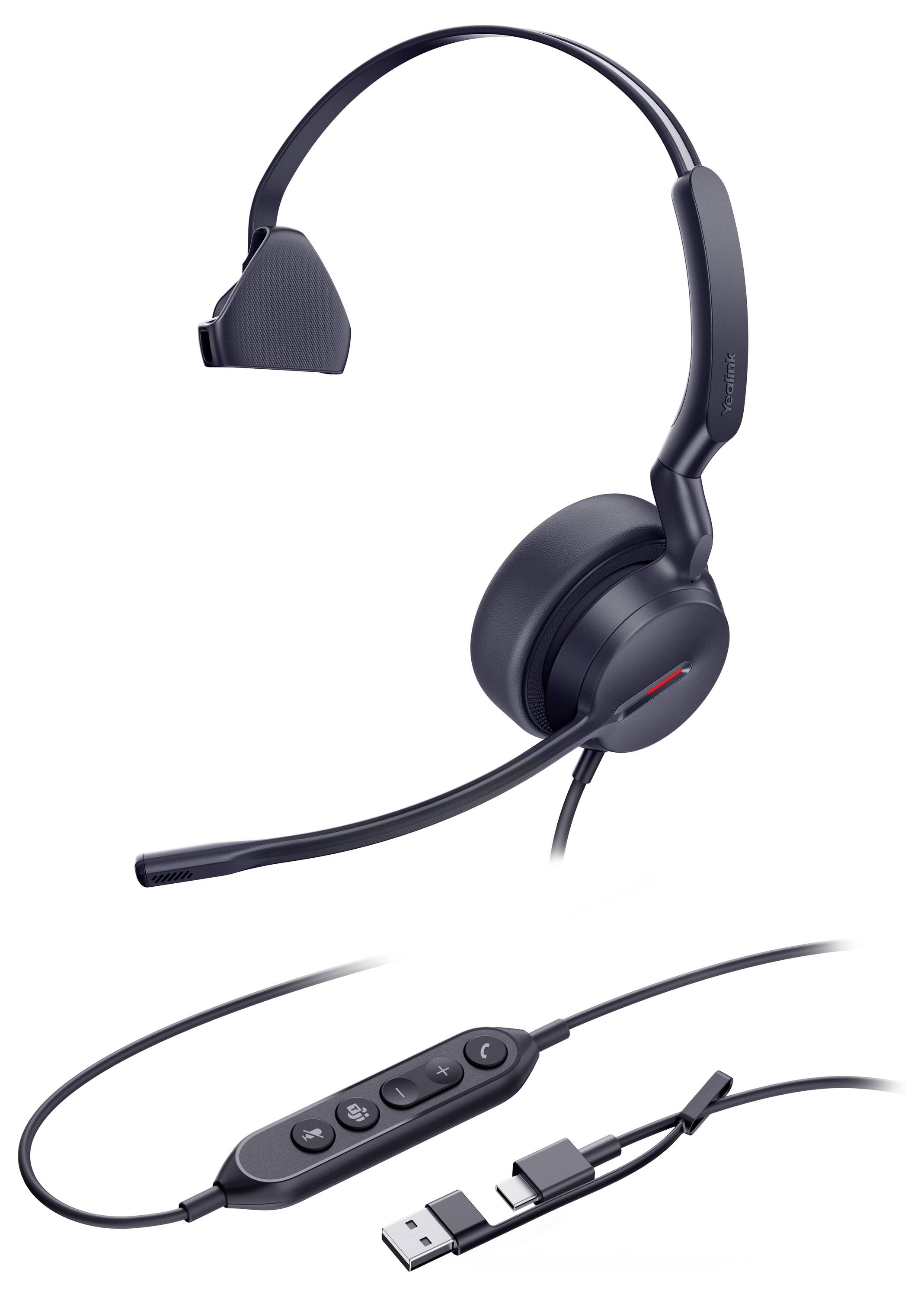 Ein schwarzes Headset mit Mikrofonausleger, einer Inline-Steuereinheit mit Tasten und USB-A- und USB-C-Anschlüssen für vielseitige Konnektivität.
