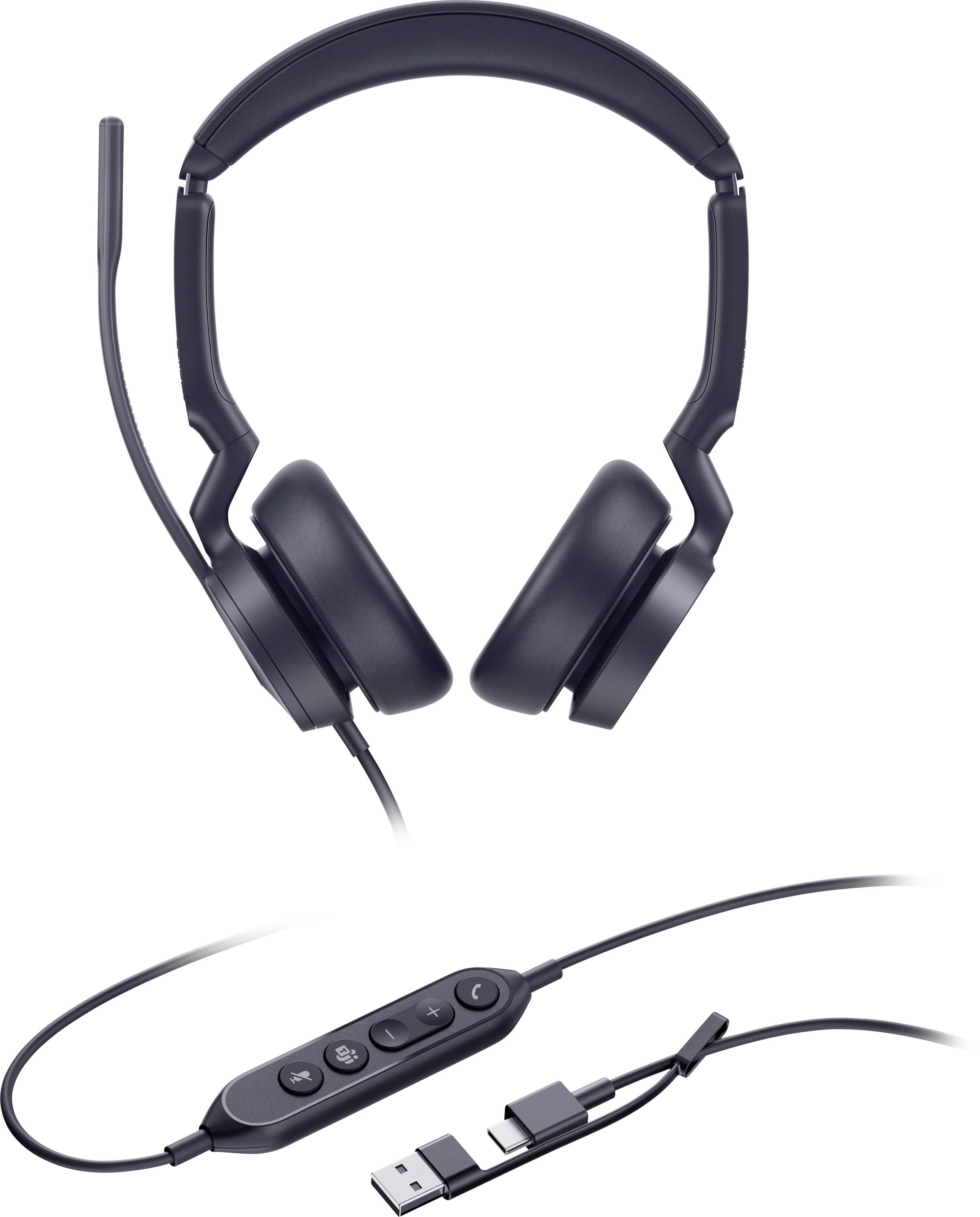 Ein schwarzes USB-Headset mit angebautem Mikrofon und integriertem Bedienfeld mit Lautstärke- und Anruftasten.