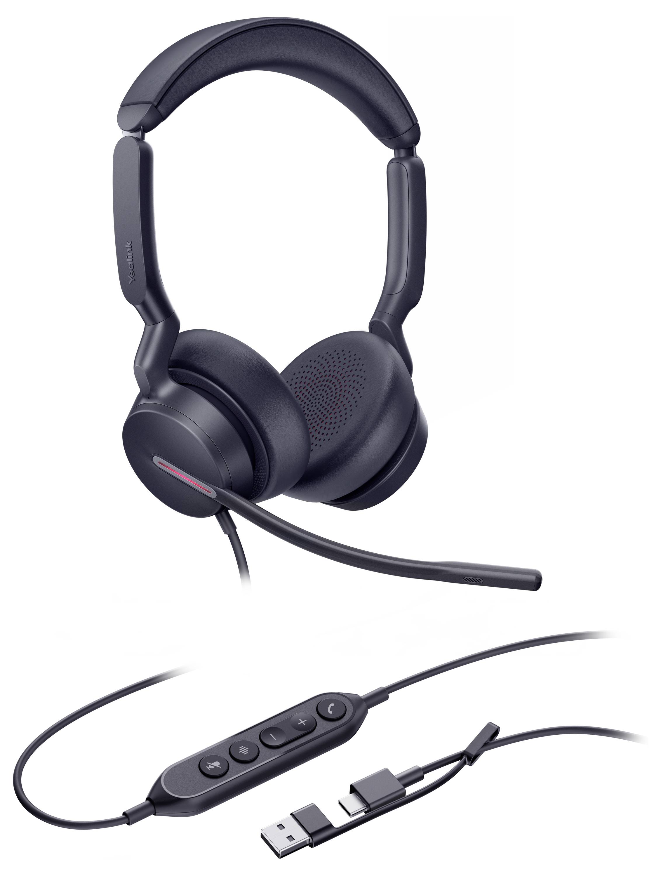 Schwarzes Over-Ear-Kopfhörer-Set mit angebautem Mikrofon, ausgestattet mit Inline-Bedienelementen am Kabel und USB-/Mini-Klinken-Anschlüssen.