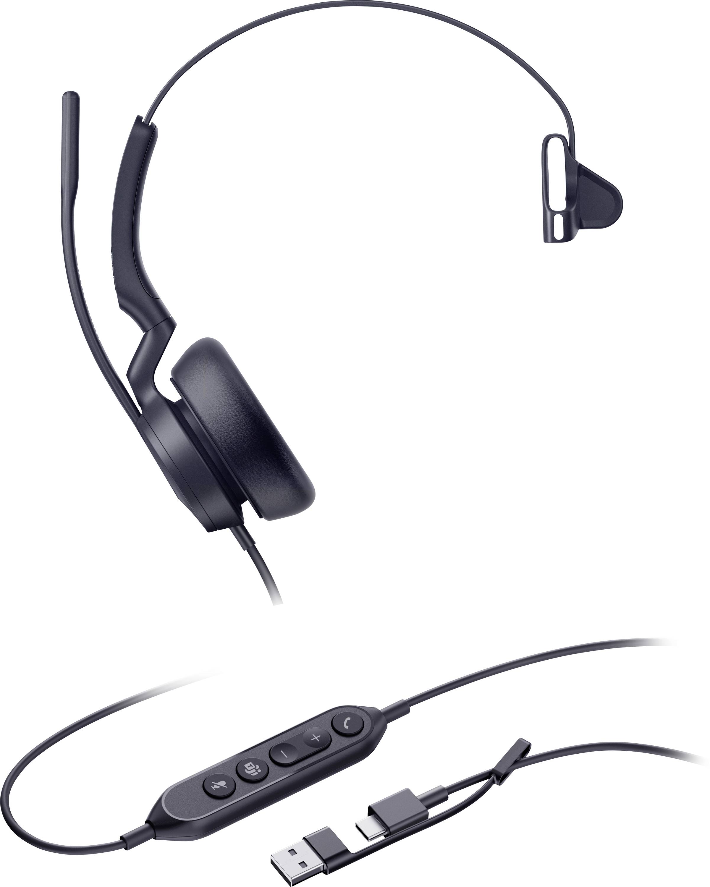 Ein schwarzes Kopfhörer-Headset mit Kabel, ausgestattet mit einem verstellbaren Mikrofon und einer Inline-Steuerbox mit Lautstärke- und Anrufverwaltungsschaltflächen, mit einem USB-Anschluss am Ende.