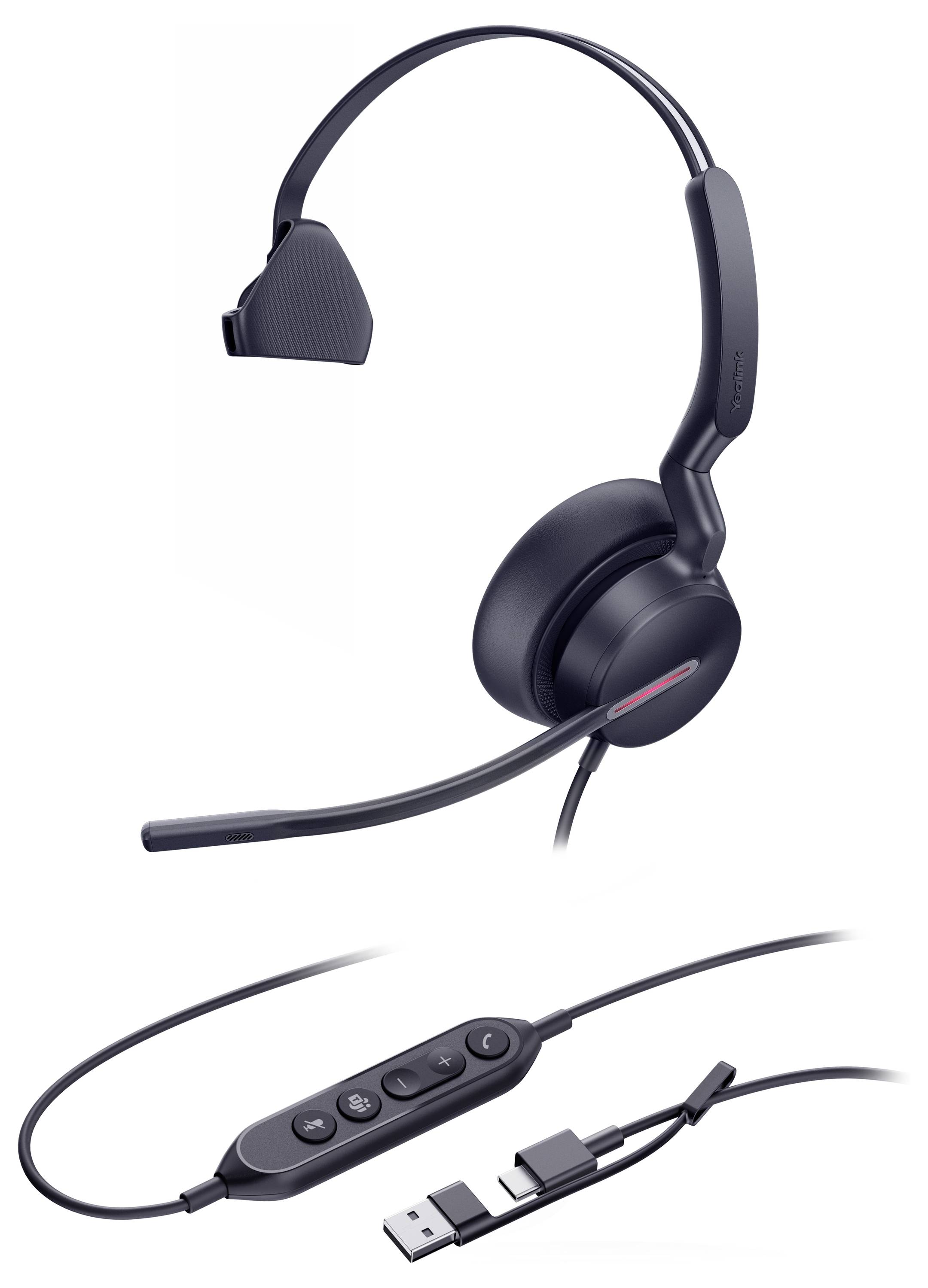 Ein schwarzes, einseitiges kabelgebundenes Headset mit Mikrofon. Beinhaltet eine Inline-Steuerung mit Tasten und einen USB-A-Anschluss mit USB-C-Adapter.