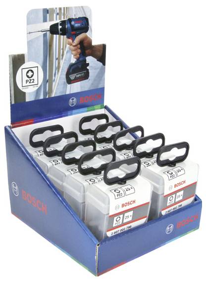 Anzeigebox mit Bosch-Bohrersätzen mit neun Paketen. Jedes Paket hat einen schwarzen Kunststoffgriff, sichtbare Verpackung und Bosch-Branding.