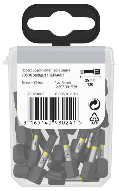 Packung mit Bosch T20 Schraubendreher-Bits, 25 mm Länge, mit Barcode und Recycling-Symbol.