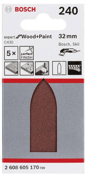 Schleifpapierpackung, Bosch, Körnung 240, 32 mm, für Holz und Farbe. Enthält 5 Stück. C430 expert, perfekte Oberflächenfinish.