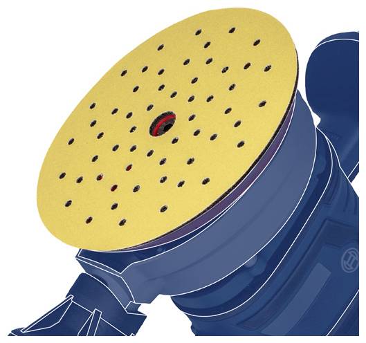 Ein Nahaufnahmebild eines blauen elektrischen Schleifers mit einer runden, gelben Schleifplatte mit mehreren Löchern.