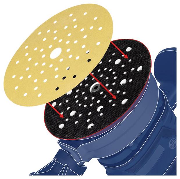 Illustration einer Schleifmaschine mit einer abnehmbaren Schleifmittelscheibe, die durch rote Pfeile hervorgehoben wird und die Ausrichtung für die Befestigung zeigt.