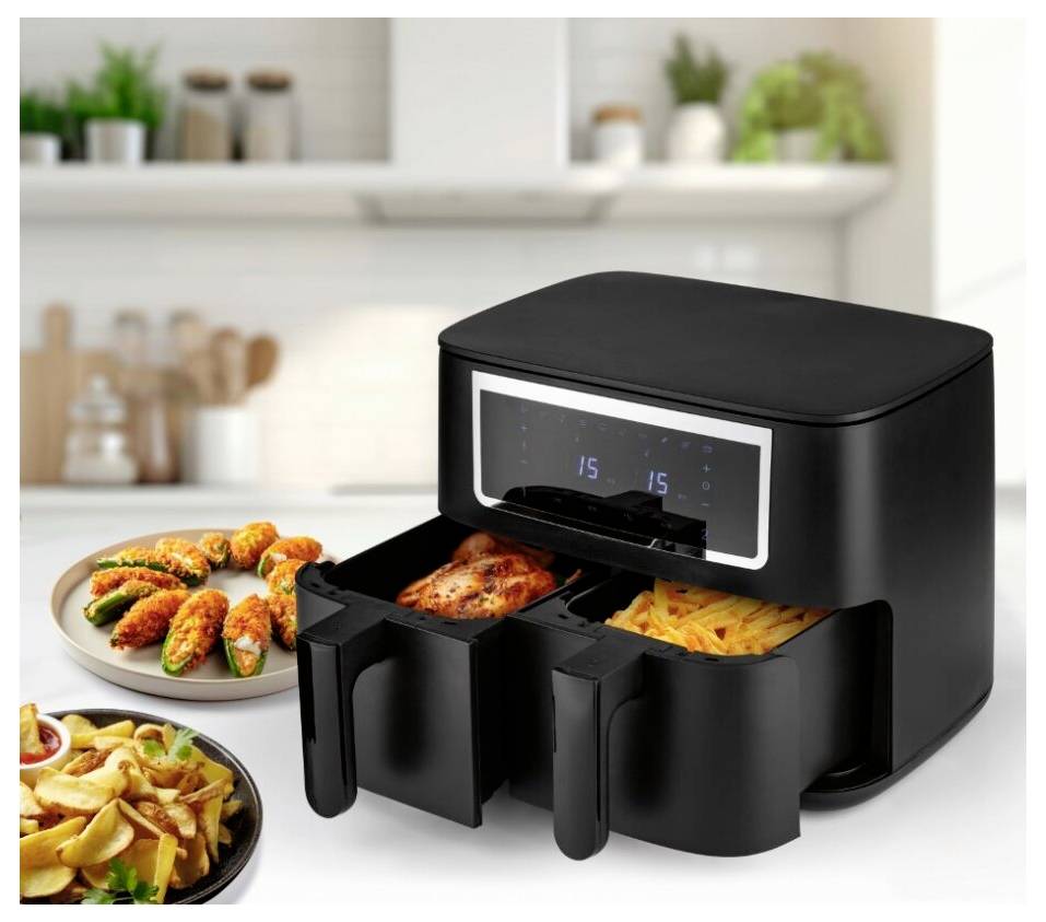 GourmetMaxx Heißluft-Fritteuse Doppelkorb 2x 4l schwarz matt/Edelstahl 8l 2600W Schwarz