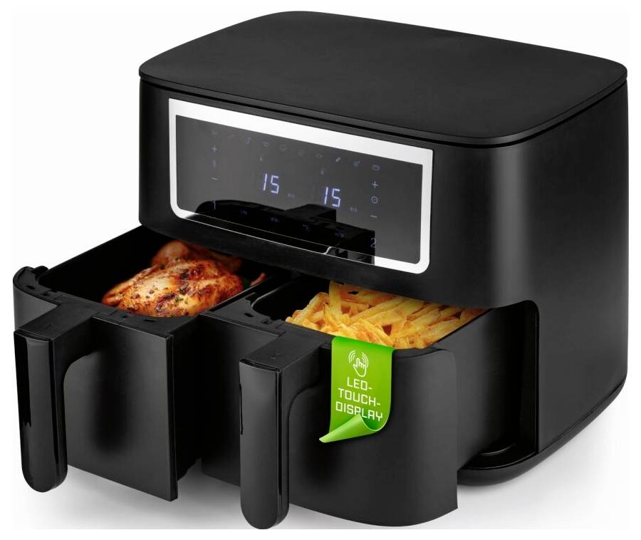 Ein schwarzer Heißluftfritteuse mit Doppelschublade wird gezeigt. Die linke Schublade enthält gebratenes Hähnchen, und die rechte enthält Pommes. Eine Beschriftung lautet „LED-Touchdisplay