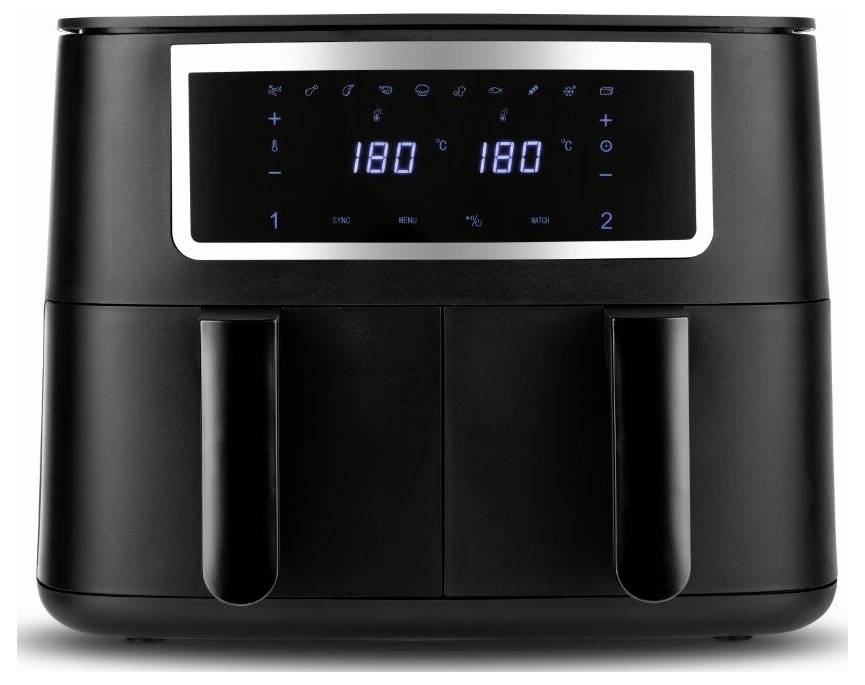 Ein schwarzer Doppelkorb-Luftfritteusen-Backofen mit digitaler Anzeige, die Temperatureinstellungen auf „180°C