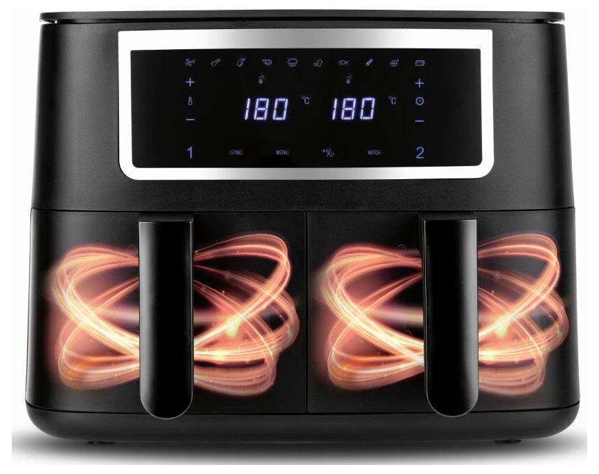 Ein digitaler Heißluftfriteuse mit zwei Kammern wird angezeigt, jede mit sichtbaren glühenden Heizelementen, auf dem Display auf 180 Grad eingestellt.