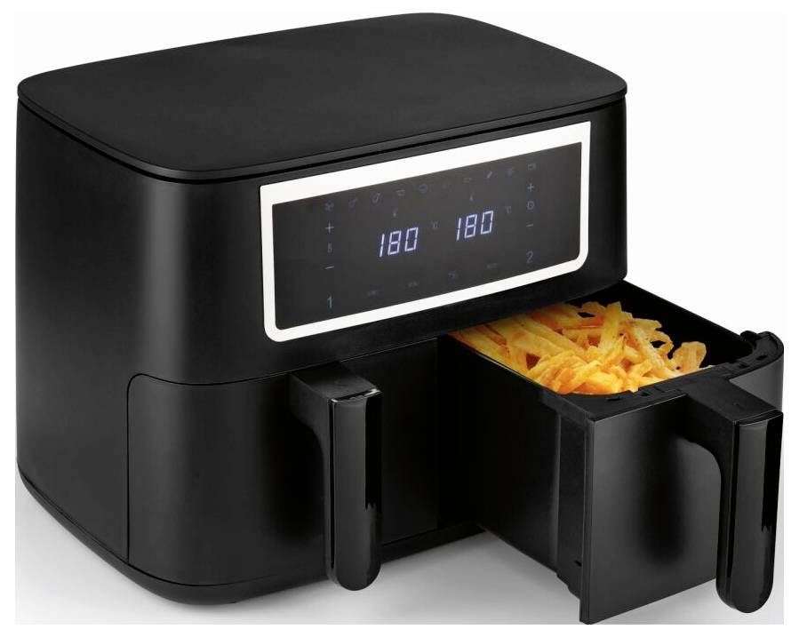 Ein schwarzer Heißluftfritteuse mit digitaler Anzeige, die 