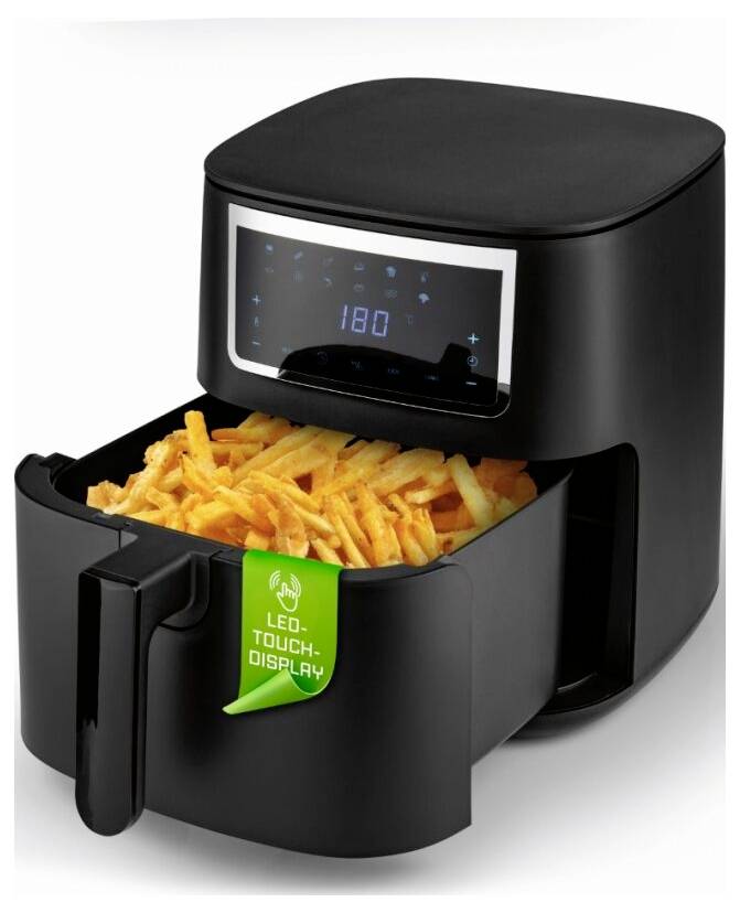 Ein schwarzer Heißluftfryer mit digitalem LED-Display zeigt 180 Grad an. Der Fryer-Korb ist mit goldenen Pommes frites gefüllt.