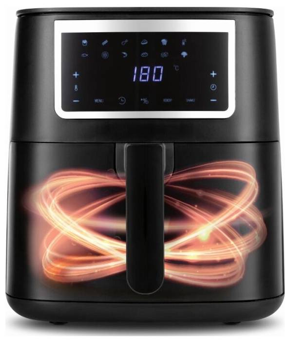 Ein schwarzer Heißluftfryer mit digitaler Anzeige, die „180