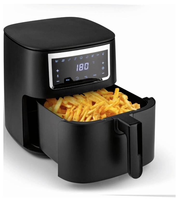 Eine schwarze Heißluftfritteuse mit der Anzeige 