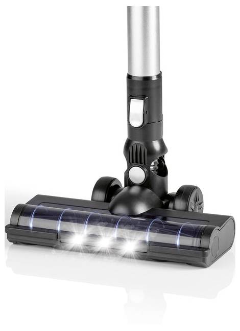 Ein Staubsauger-Bodeneinsatz mit LED-Leuchten wird gezeigt, Teil eines eleganten tragbaren Staubsaugers mit einem Metallgriff und schwarzen Kunststoffkomponenten.