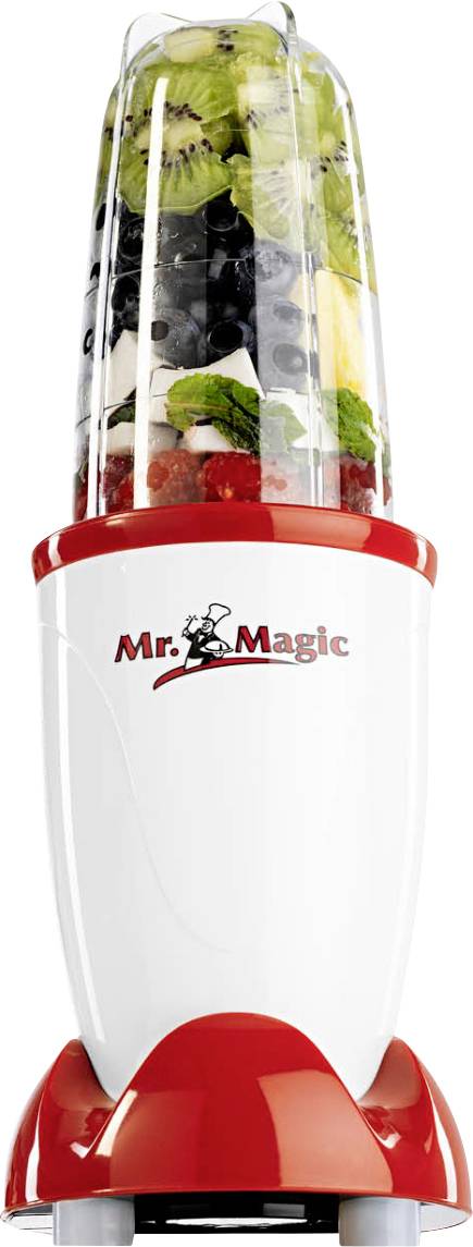 Ein rot-weißer Mixer gefüllt mit geschnittenen Früchten, darunter Kiwi, Beeren und Bananen. Der Mixer trägt die Marke „Mr. Magic