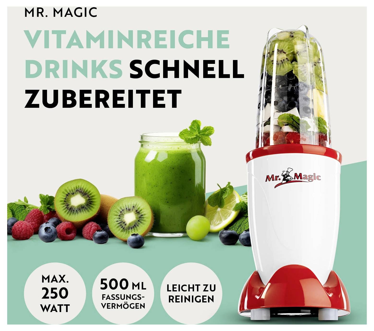Ein kraftvoller Mixer ist von frischen Früchten und einem Glas grünem Smoothie umgeben. Der Text hebt „Vitaminreiche Drinks Schnell Zubereitet