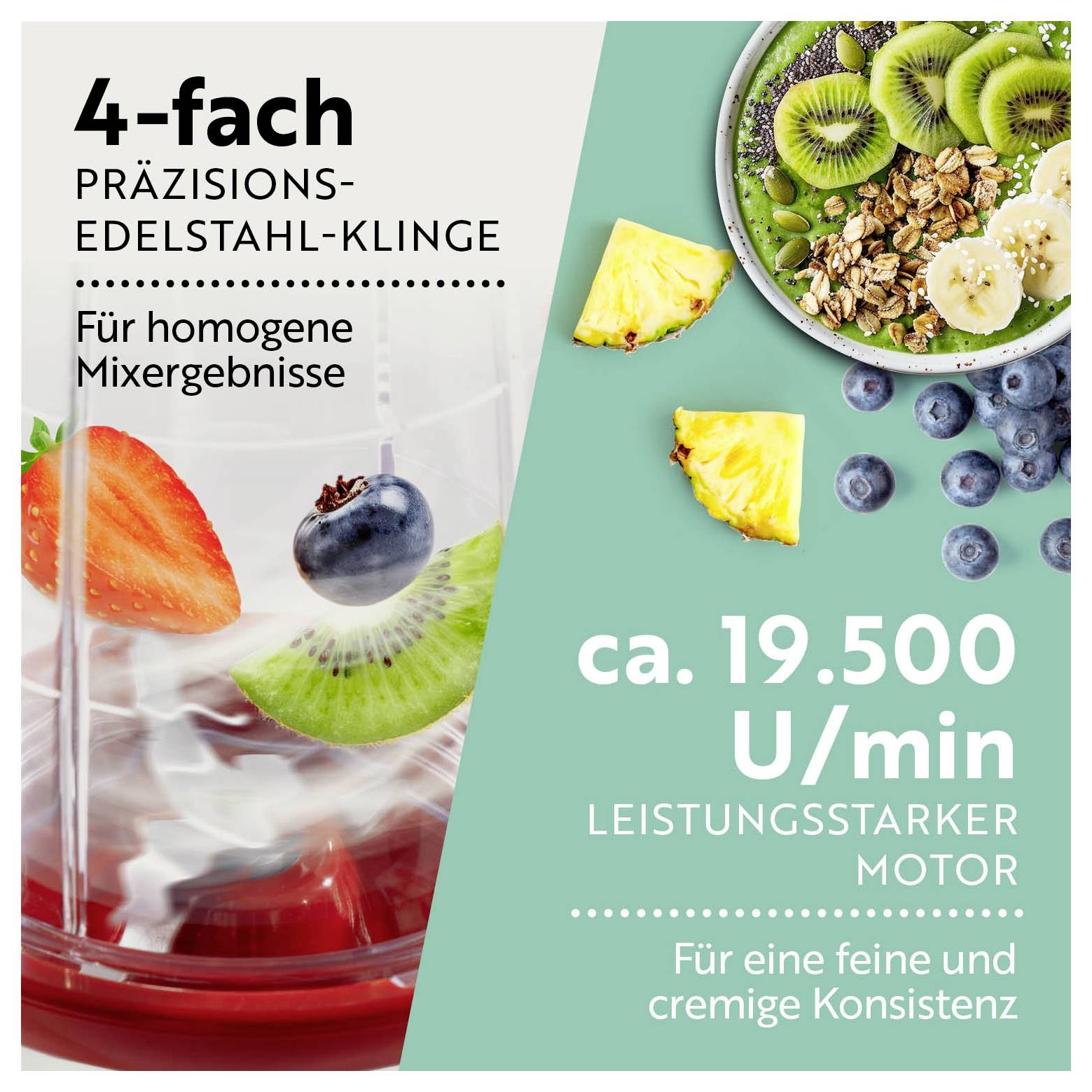 Ein Mixer mit Obst, der eine „vierfach präzisions-Edelstahlklinge
