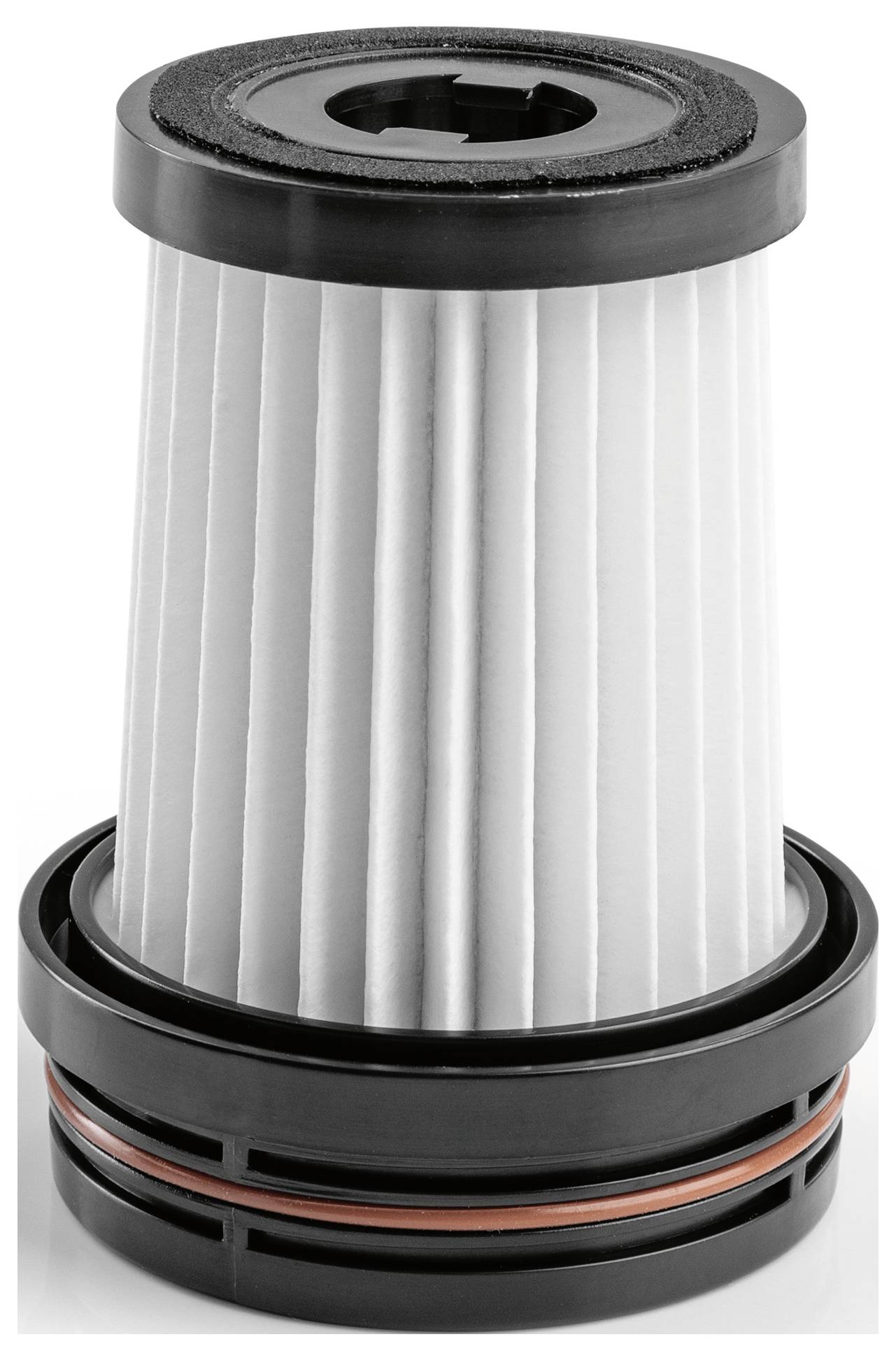 Ein zylindrisches Luftfilter mit gefalteter Papierstruktur und schwarzem Ober- und Unterteil, das in Maschinen oder Fahrzeugen zur Luftfiltration verwendet wird.
