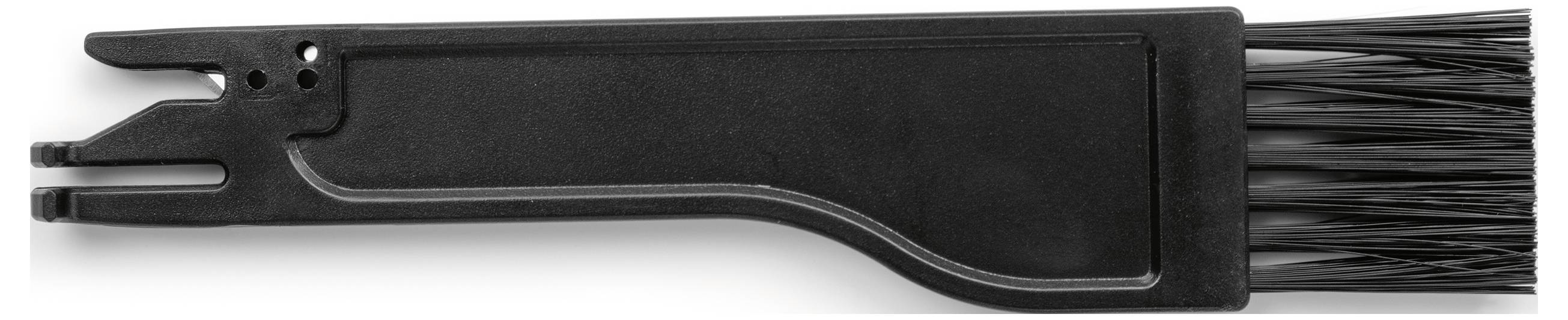 Eine schwarze Schallplattenbürste mit einem Griff auf der linken Seite und Borsten auf der rechten Seite, die zur Wartung von Schallplatten verwendet wird.