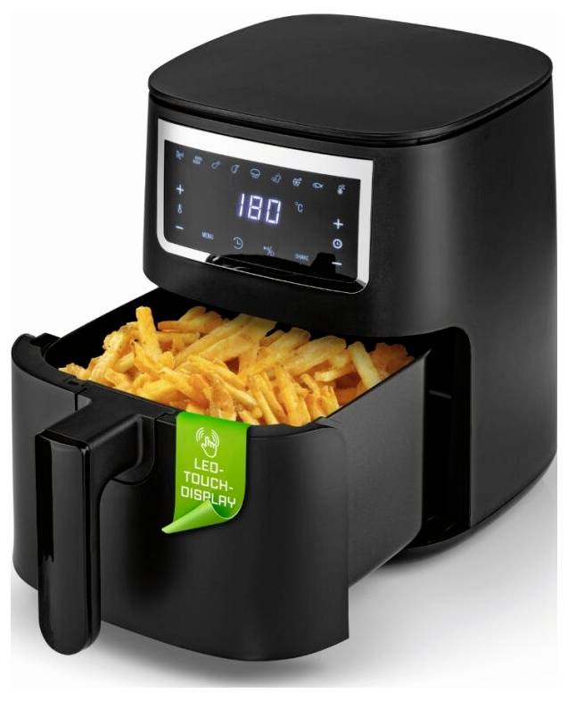 Ein Dual-Kammer-Heißluftfritteur in einer Küchenumgebung mit Hähnchen frittiert und Pommes in einem Bereich, und Jalapeño-Popper auf einem Teller daneben.