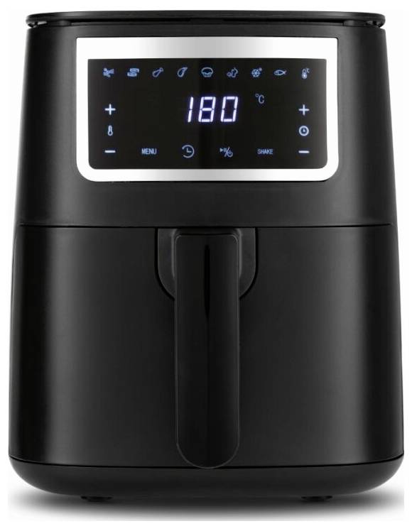 Schwarzer Heißluftfritteuse mit Bedienfeld, das die Temperatur bei 180 Grad Celsius anzeigt. Verschiedene Symbole für Einstellungen und Modi sind sichtbar.