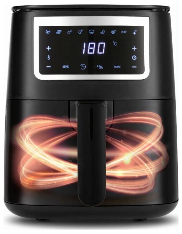 Ein schwarzer digitaler Heißluftfriteuse mit Touchscreen-Display, das „180