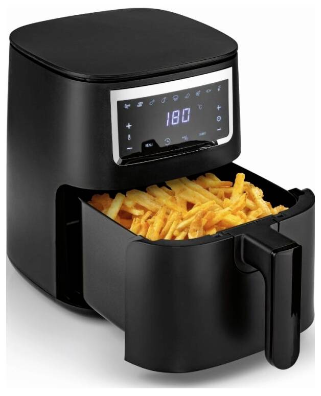 Ein schwarzer Heißluftfriteuse mit digitalen Bedienelementen zeigt 