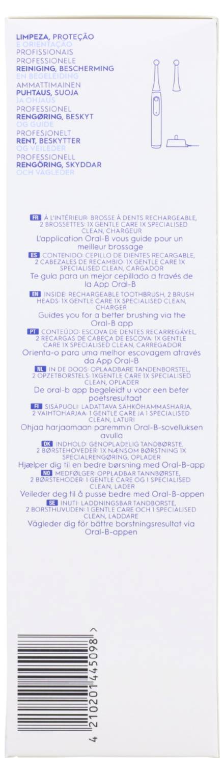 'Tägliche Reinigung und Schutz', Oral-B Elektrozahnbürste Verpackung. Gebrauchsanweisungen in verschiedenen Sprachen und Bewerbung einer Anwendung.