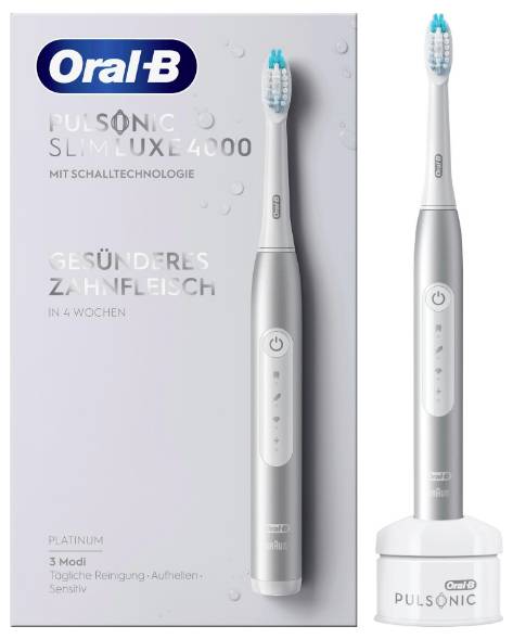 Die elektrische Zahnbürste 'Oral-B Pulsonic Slim Luxe 4000', gezeigt mit Ladestation, fördert gesünderes Zahnfleisch in vier Wochen.