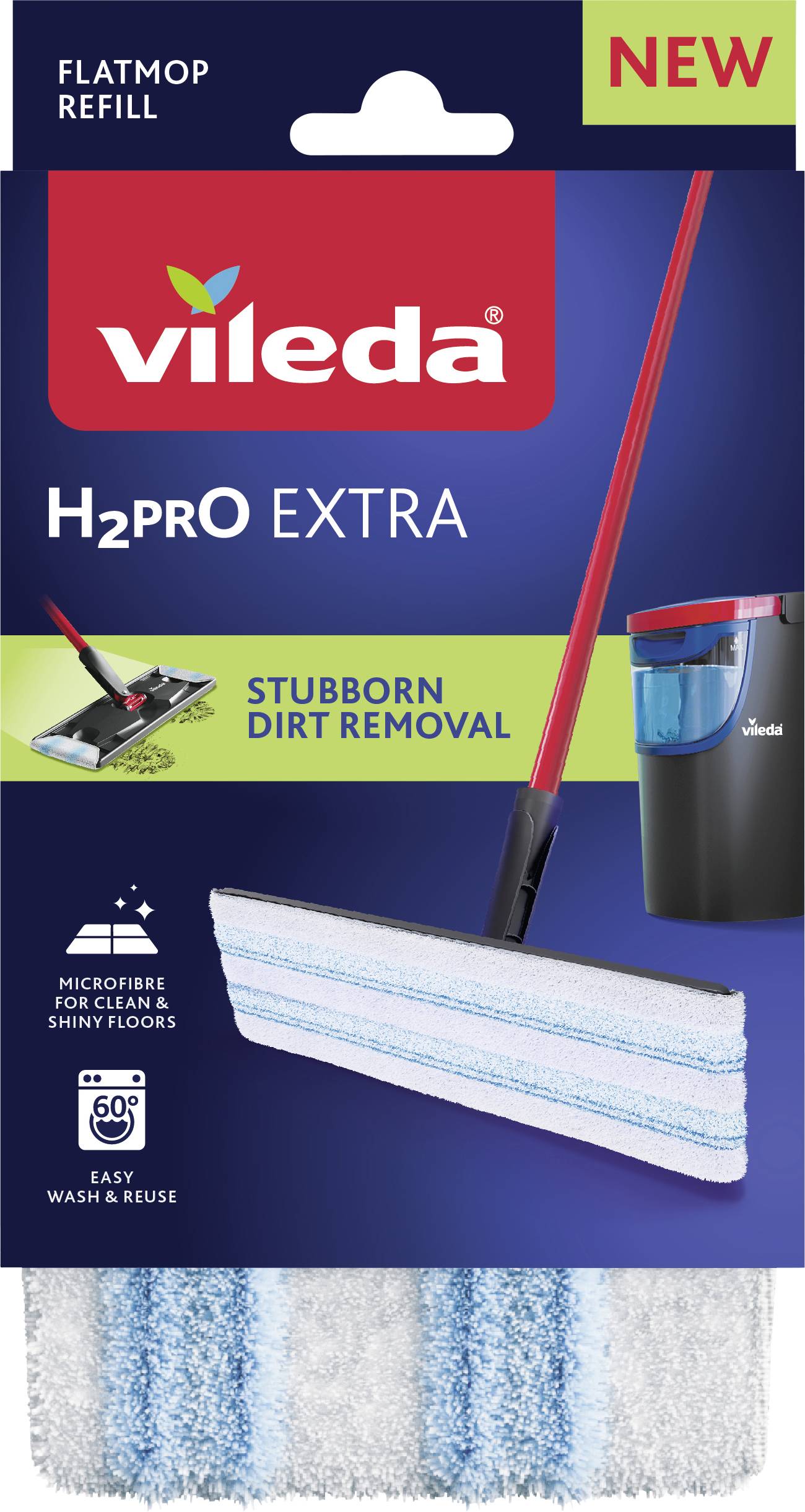 'Vileda H2Pro Extra' flatmop refill packaging showing a mop head, highlighting 'Stubborn Dirt Removal', 'Microfibre', and 'Easy Wash & Reuse'.