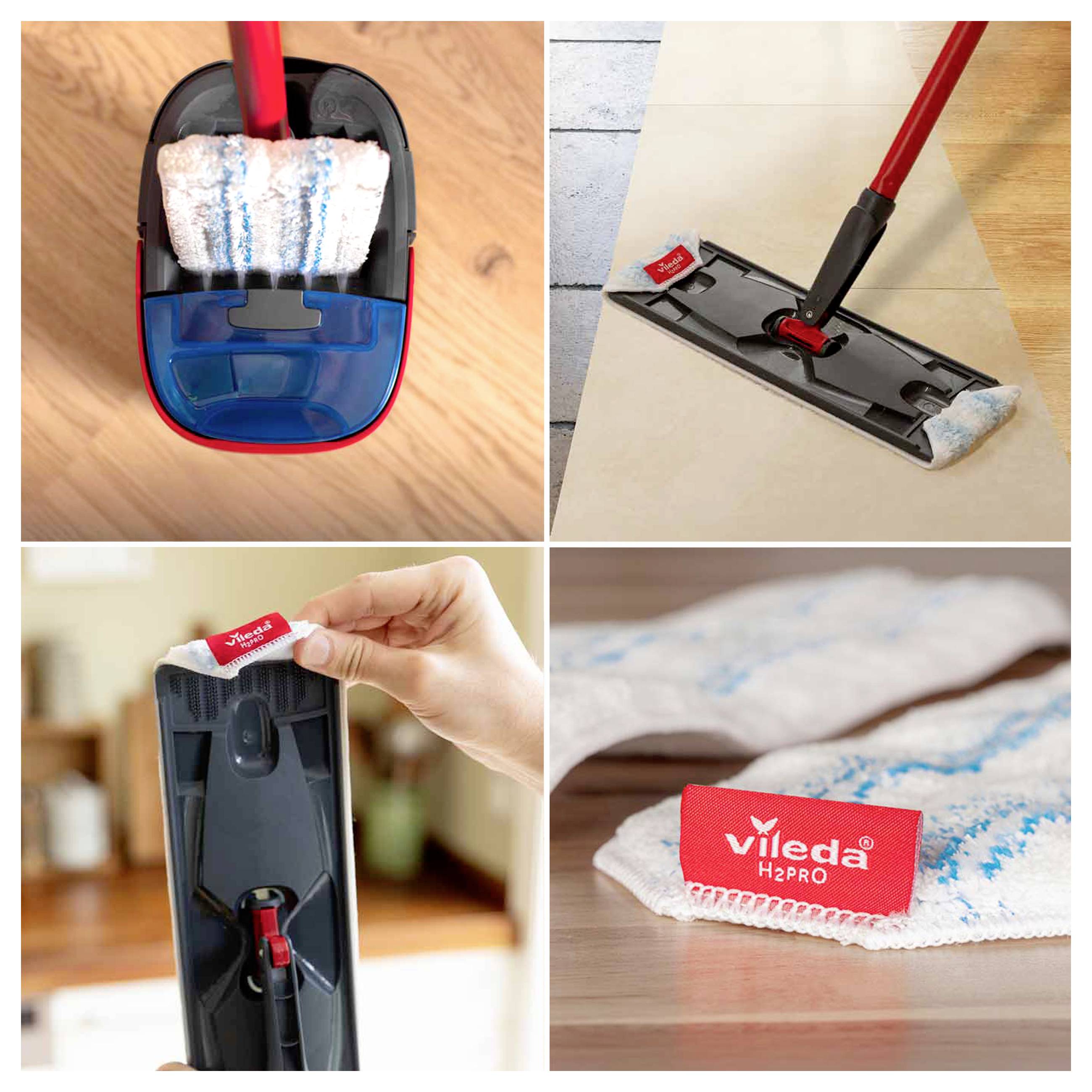 Wischtuchsystem mit rötlichem Griff und wiederverwendbarem Tuch zum Reinigen von Böden, das den befestigten und abgenommenen Wischerkopf zeigt, hervorgehoben durch die Marke 