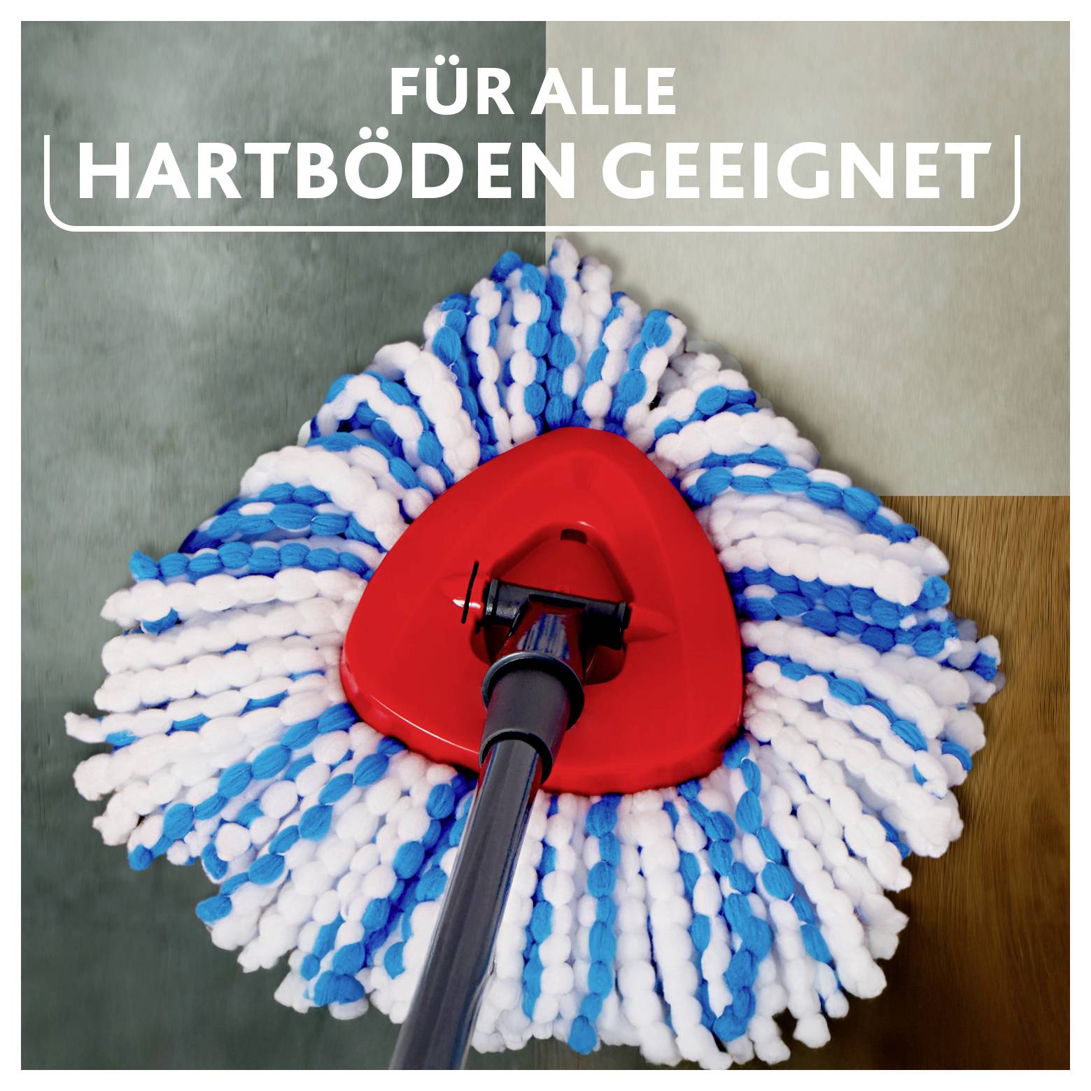 Ein Mopkopf mit blauen und weißen Fasern, befestigt an einer roten dreieckigen Basis, geeignet für alle Hartböden. Deutscher Text lautet „Für alle Hartböden geeignet