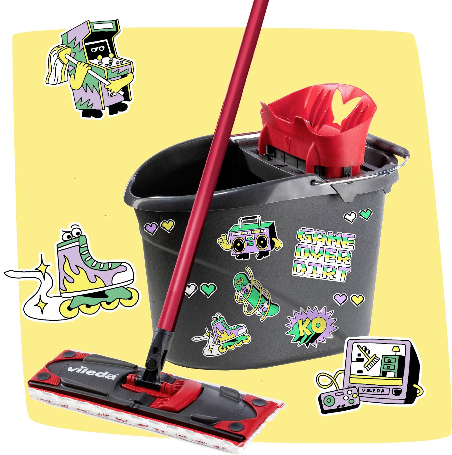 Schwarzer Reinigungseimer mit rotem Mopp und Wringer, verziert mit bunten Retro-Gaming-Aufklebern auf gelbem Hintergrund.