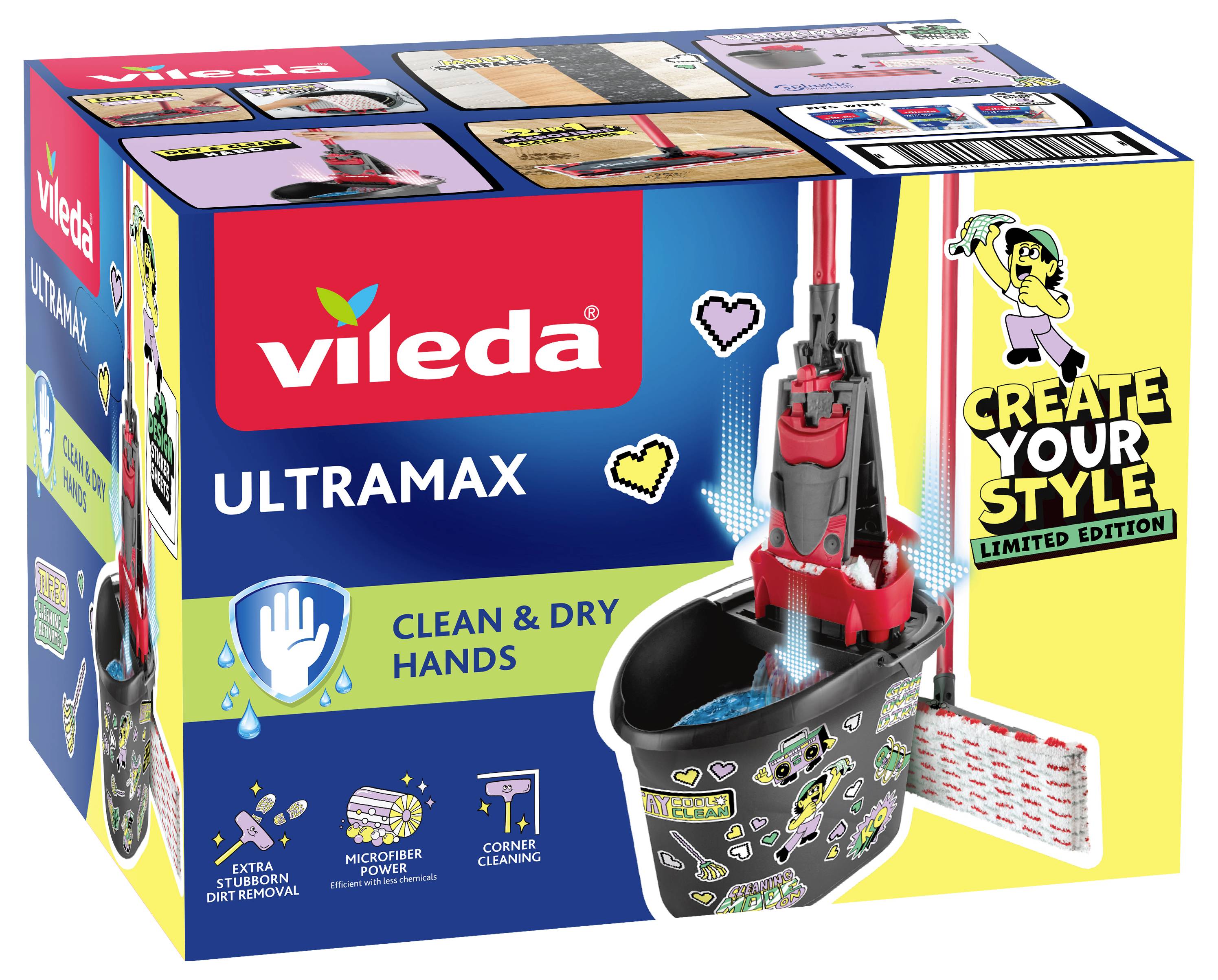 Vileda Ultramax Reinigungsmop-Set Box, zeigt einen roten flachen Mop und einen Eimer mit 
