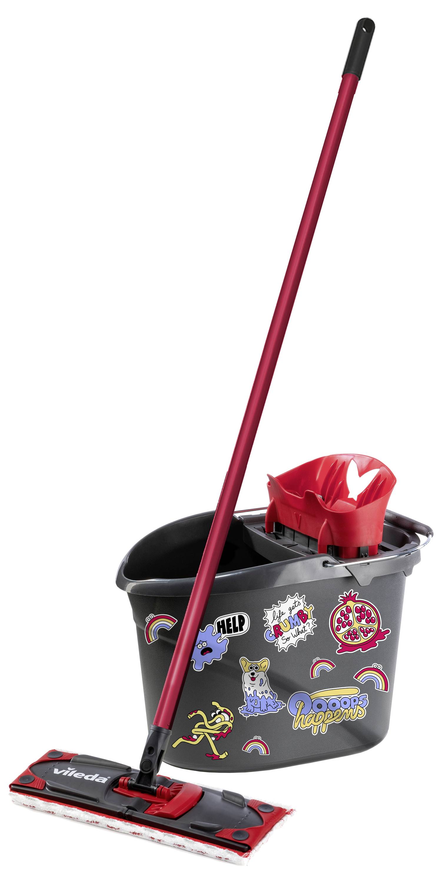Roter Mopp mit Eimer und Wringvorrichtung, abgebildet mit Reinigungsdekorationen und einem Moppkopf, der am Griff befestigt ist.