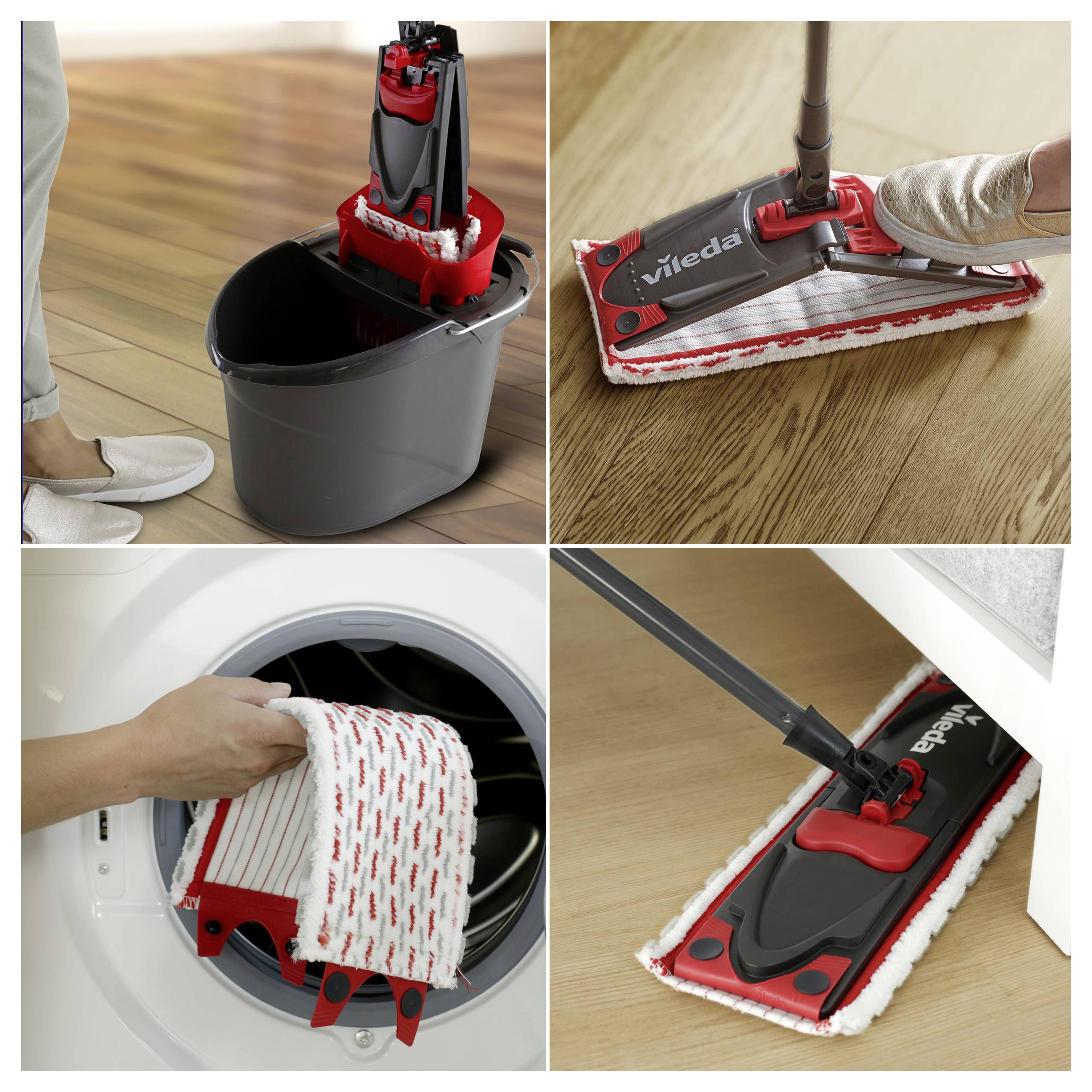 Collage zeigt einen Vileda-Flachmop mit abnehmbarem Mopkopf, der in einem Eimer ausgewrungen wird, auf einem Holzboden verwendet wird und in einer Waschmaschine geladen wird.