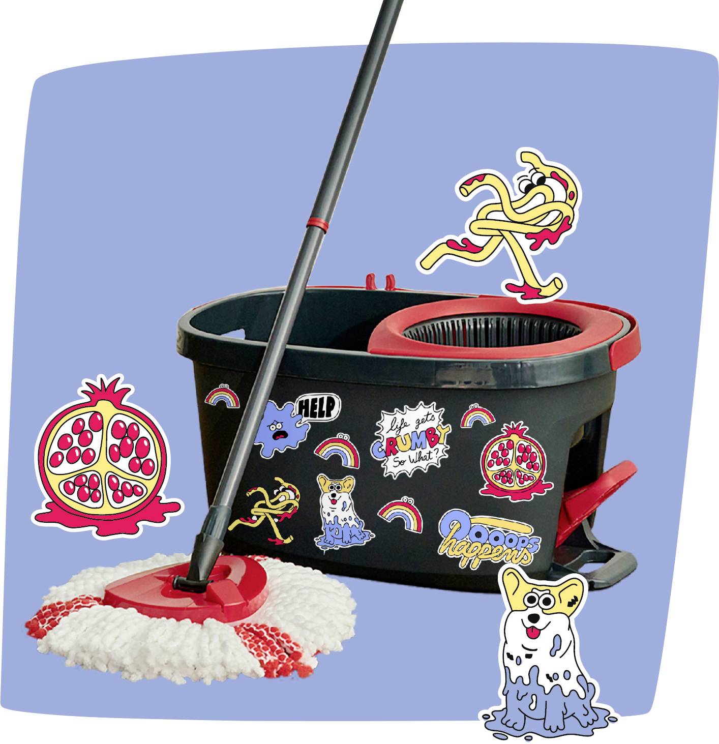 Roter Mopeimer und Wringmaschine mit Mop, bedeckt mit bunten Cartoon-Aufklebern auf blauem Hintergrund.