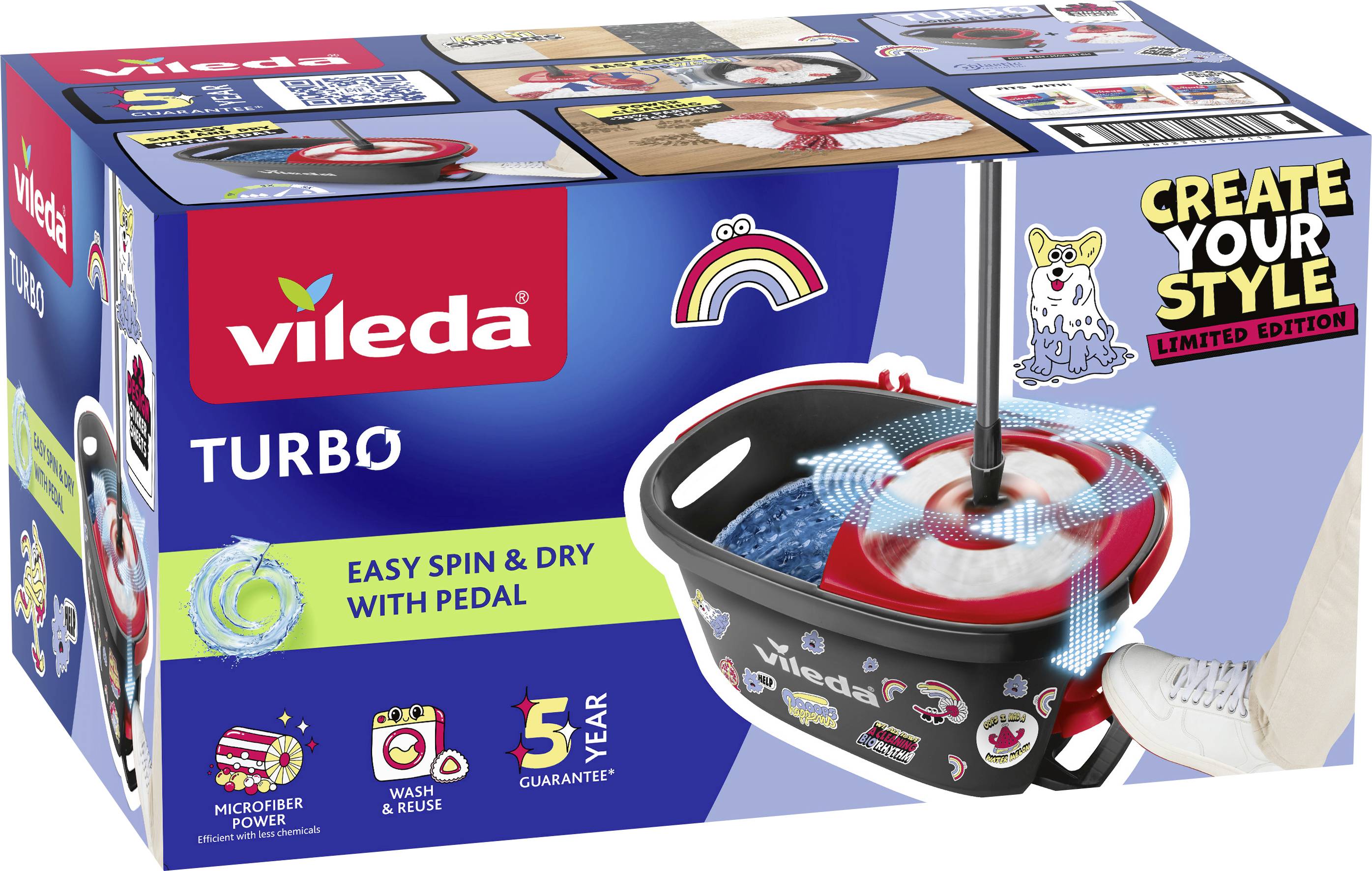 Vileda Turbo Spin-Wischer und Eimer-Set mit Pedal-Wringer, auf der Produktverpackung mit Text der limitierten Auflage „Create Your Style