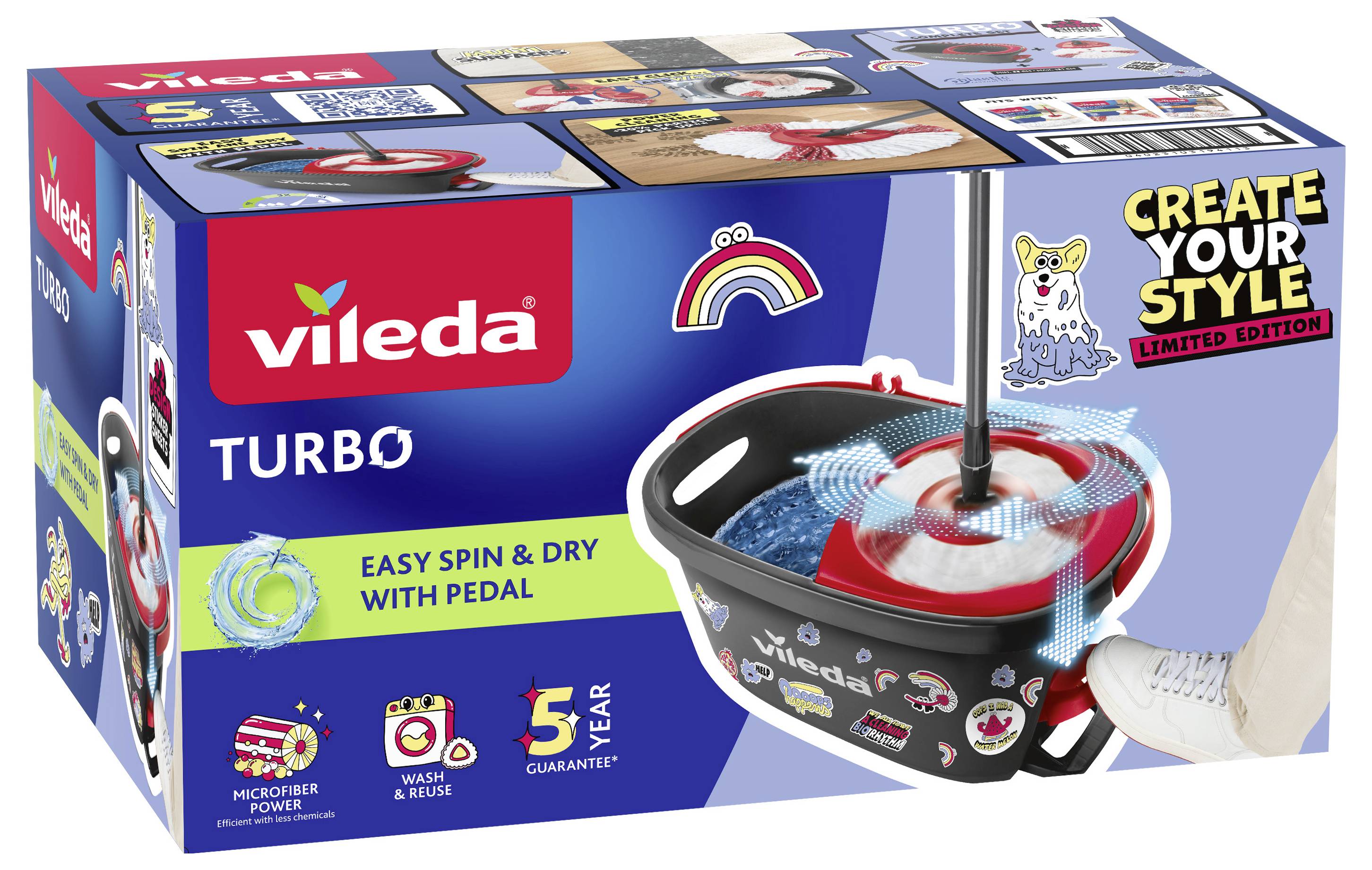 Vileda Turbo Spin-Mopp- und Eimer-Set Verpackung mit Mopeimer mit Fußpedal-Spinnwringer und 