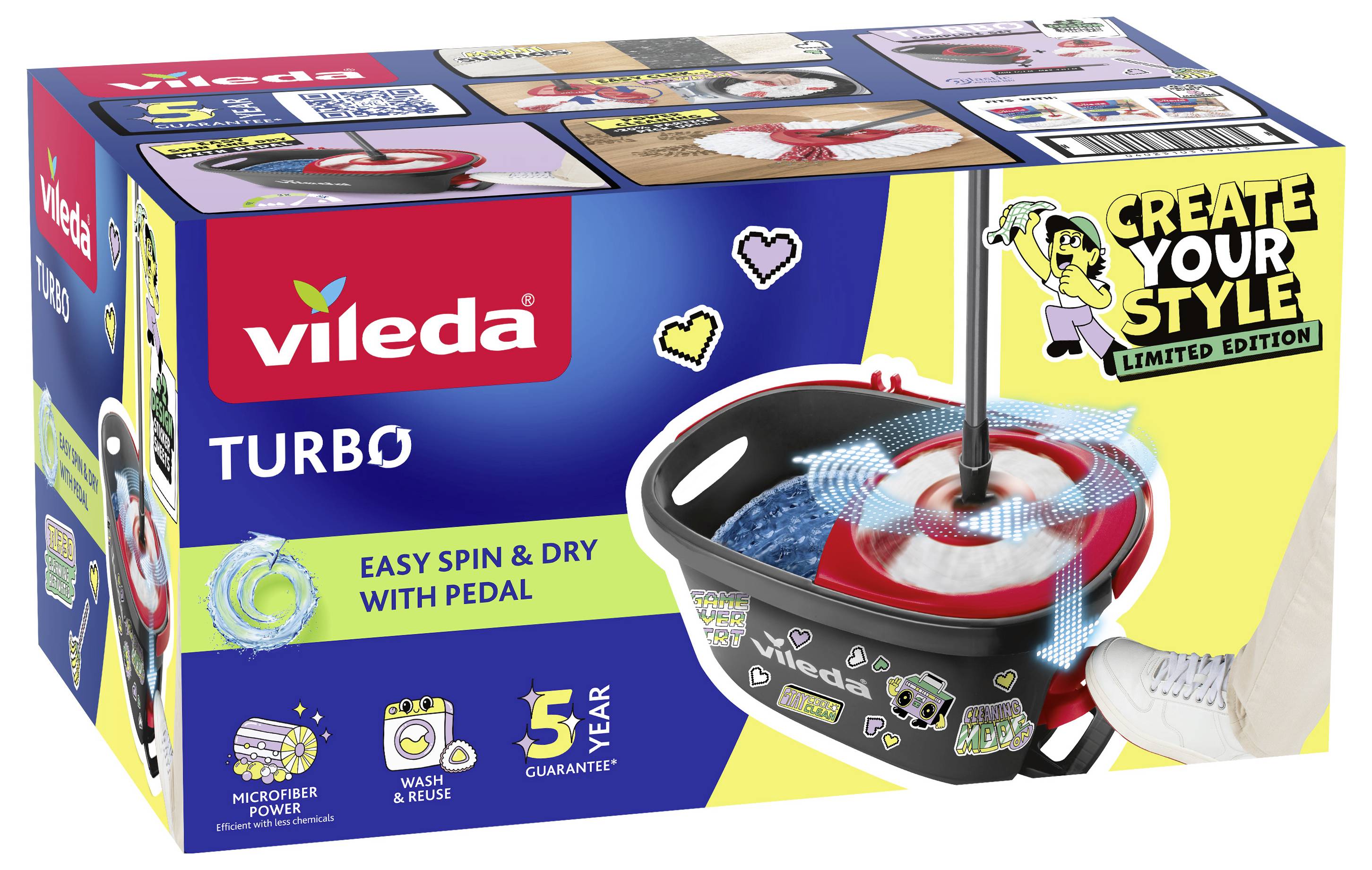 Vileda Turbo Wischmopp- und Eimer-Set Verpackung, mit der Bezeichnung „Create Your Style