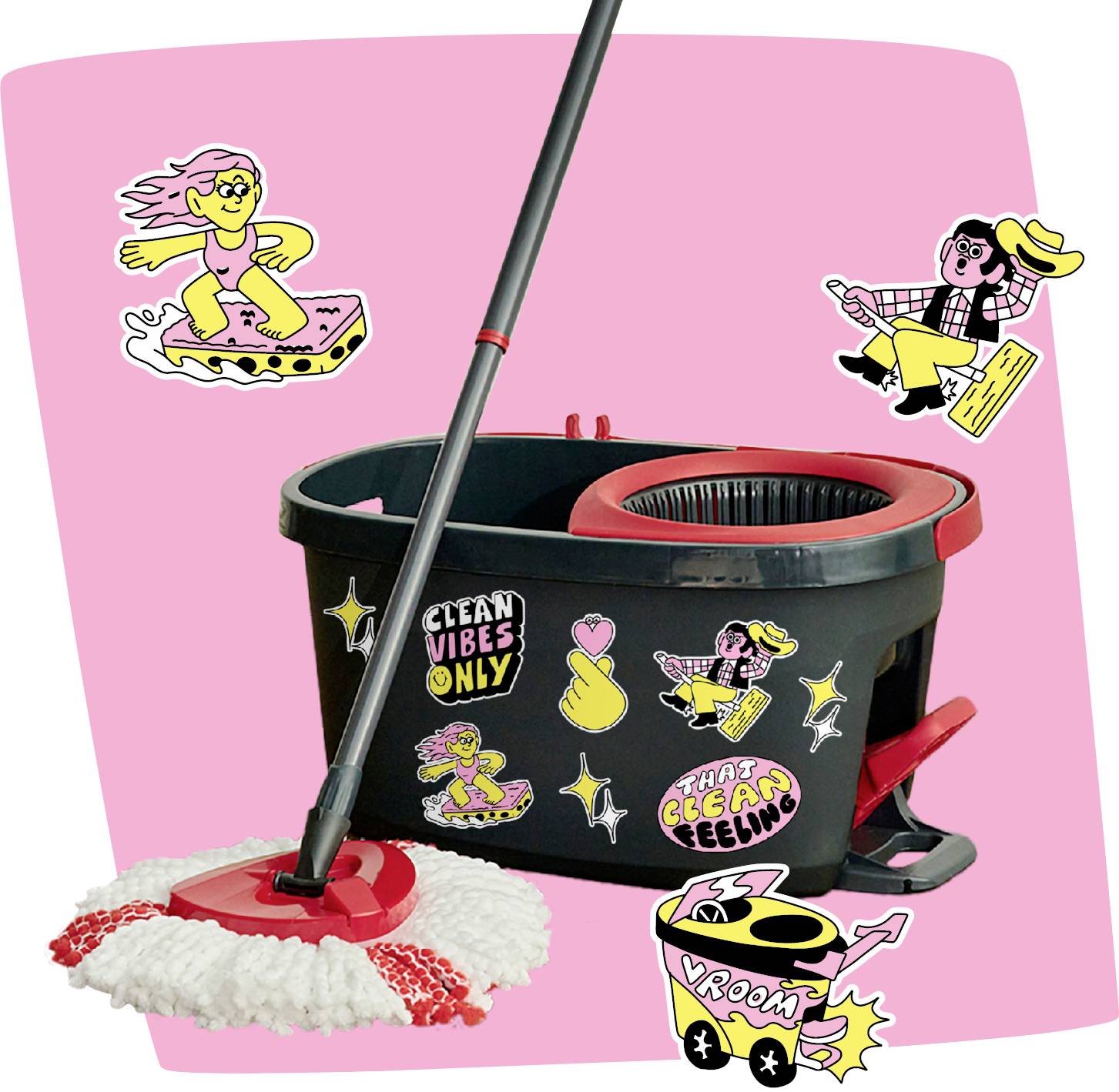 Rosa Spin-Wischmopp und Eimer-Set mit bunten „Clean vibes only