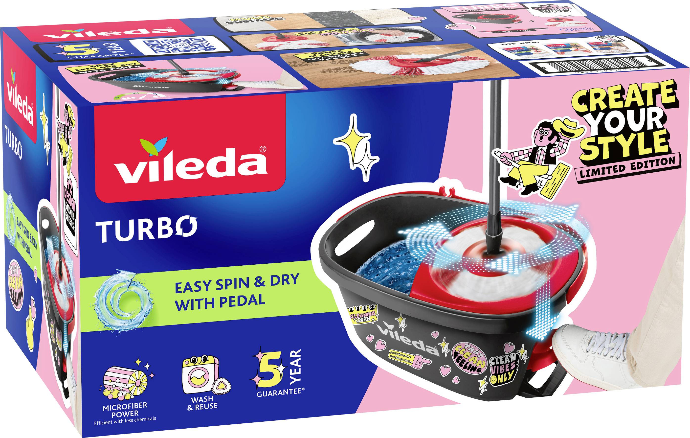 Vileda Turbo Spin Wischmopp-Set mit Eimer, Mopp-Kopf und Pedal-Spin-Trocken-Funktion, gekennzeichnet als 'Create Your Style Limited Edition'.