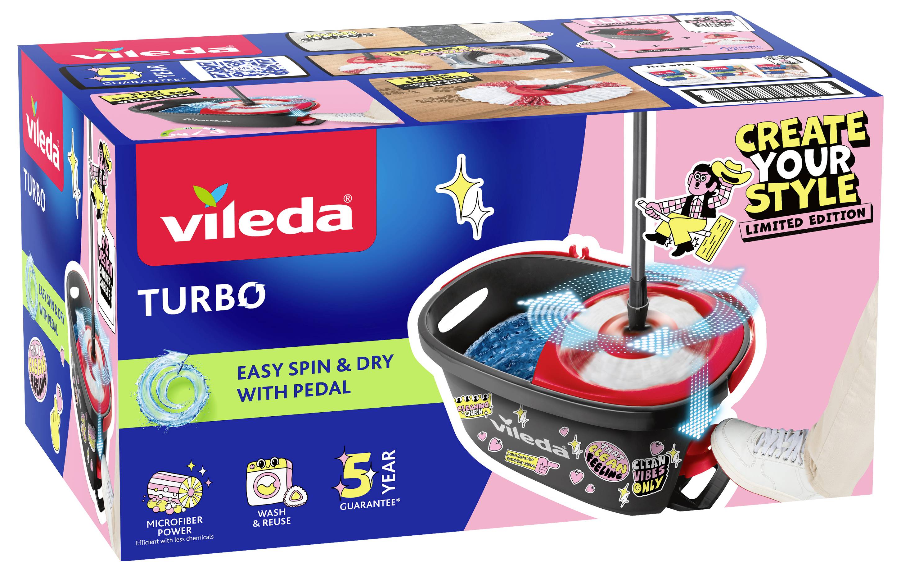 Vileda Turbo Easy Spin & Dry Wischmop und Eimer-Set mit Pedal, dargestellt als farbenfrohe limitierte Auflage 
